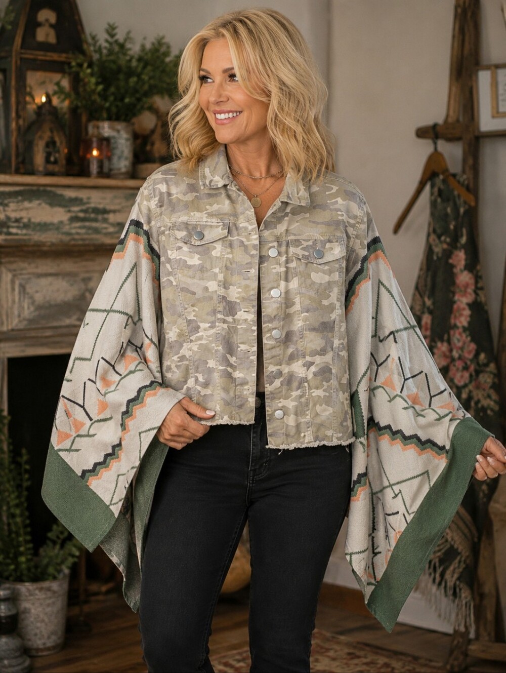Camouflage Women's Jacket with Patterned Sleeves